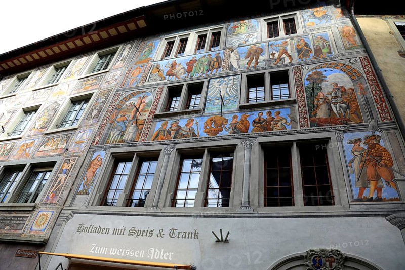 Façade with façade painting in the old town, zum weißen Adler, farm shop, Stein am Rhein, Canton Schaffhausen, Switzerland