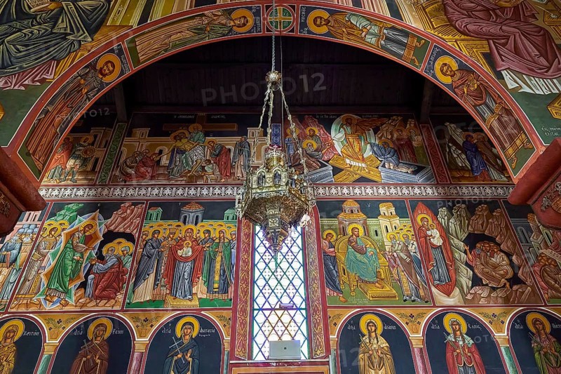 Artfully designed church interior with icons and large murals around a window, Church of the Annunciation of the Blessed Virgin Mary, Rhodes Town, Greece, Orthodox Church, Dodecanese, Greek Islands, Rhodes Town, Holy Week, Rhodes