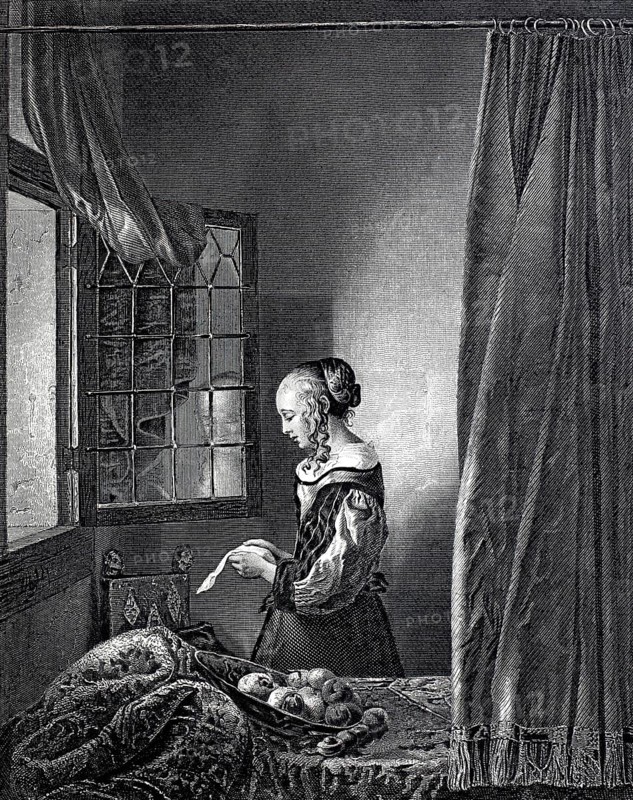 Reading girl standing at the window and reading a letter, Living room, Curtain, Historical, digitally restored reproduction of a 19th century original, Woman standing thoughtfully at the window and reading a letter in a dark interior