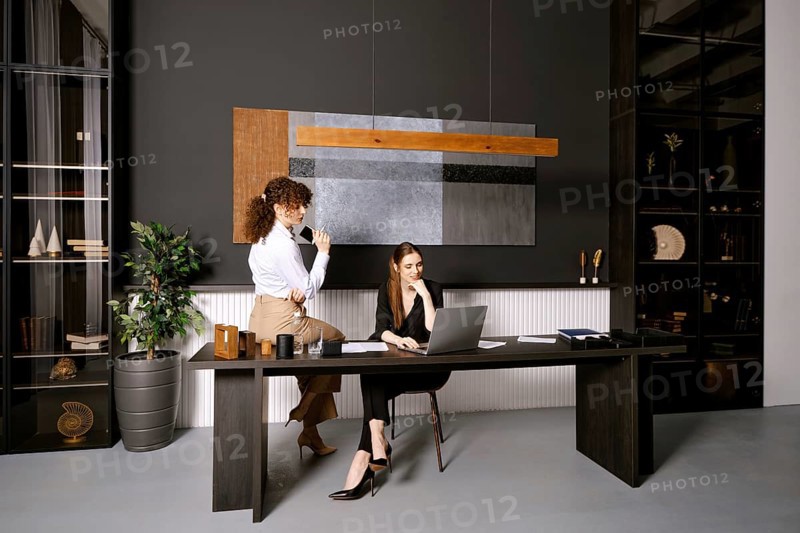 Two professionals working together in a modern office with stylish decor during the day