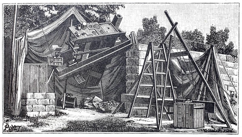 Observation stand for a solar eclipse in Upper Egypt, around 1880, illustration of the instruments used, historical, digitally enhanced reproduction of a 19th century model