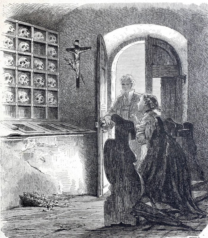 The ossuary in the parish church of St Martin in Buochs in 1888, skull on the wall, Canton Nidwalden, Switzerland, Historical, digitally enhanced reproduction of a 19th century model