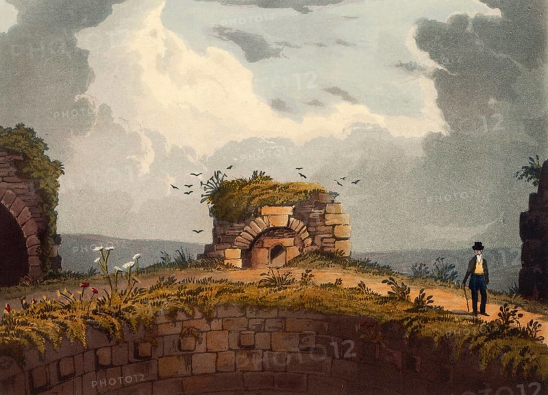 Kiln on the hill of Conisbrough Castle, medieval fortress in Conisbrough, South Yorkshire, England. The castle was originally built in the 11th century by William de Warenne, Earl of Surrey, after the Norman conquest of England in 1066, c. 1850, after a painting by Theodore Henry Adolphus Fielding, digitally enhanced reproduction, historical, exact date unknown