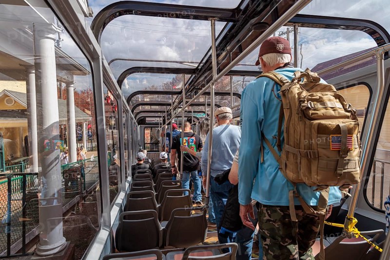 Passengers boarding the Lookout Mountain Incline Railway at the lower station in Chattanooga, Tennessee, USA