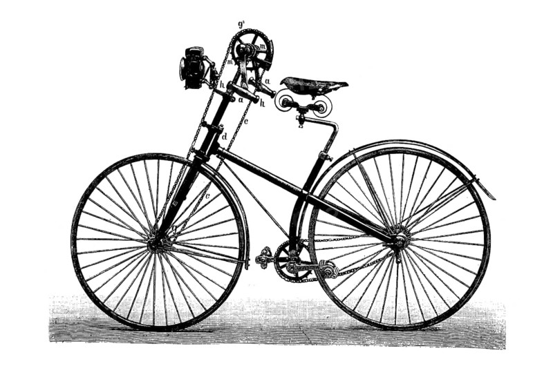 A. v. Wedells Kaiserrad from 1889, coloured wood engraving, reproduction of a model from ca 1889, historical, detailed drawing of an old-fashioned bicycle with various mechanical parts