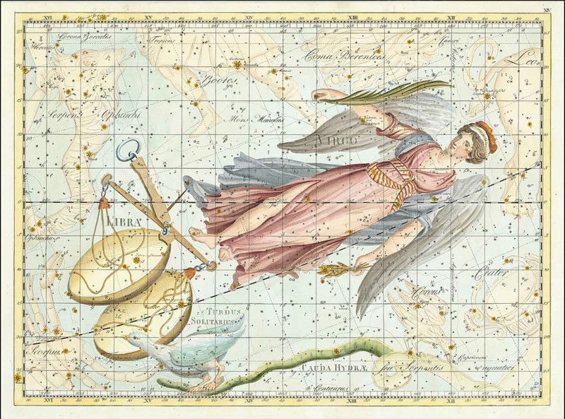 Zodiac sign, Virgo, Libra, star chart, universe, astrology, horoscope, after Johann Elert Bode (19 January 1747 to 23 November 1826), Prussian astronomer