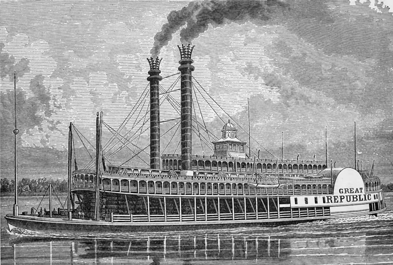 The Great Republic a paddle steamer on the Mississippi River, St. Louis, Missouri, around 1870, America, digital reproduction of a historical model