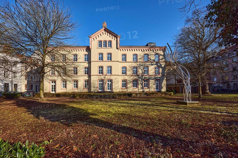 Old Bismarck School, Schiller School, historical buildings, trees, lawn, modern art, blue sky, cloudless, Bismarckstraße, Saarbrücken, state capital, regional association Saarbrücken, Saarland, Germany