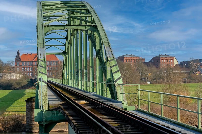 Harbour school with Weser bridge and historic barracks Minden Germany