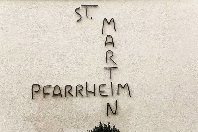 Lettering, letters, St Martin's parish hall, facade, Oberuhldingen district, Uhldingen-Mühlhofen municipality, Lake Constance district, Baden-Württemberg, Germany