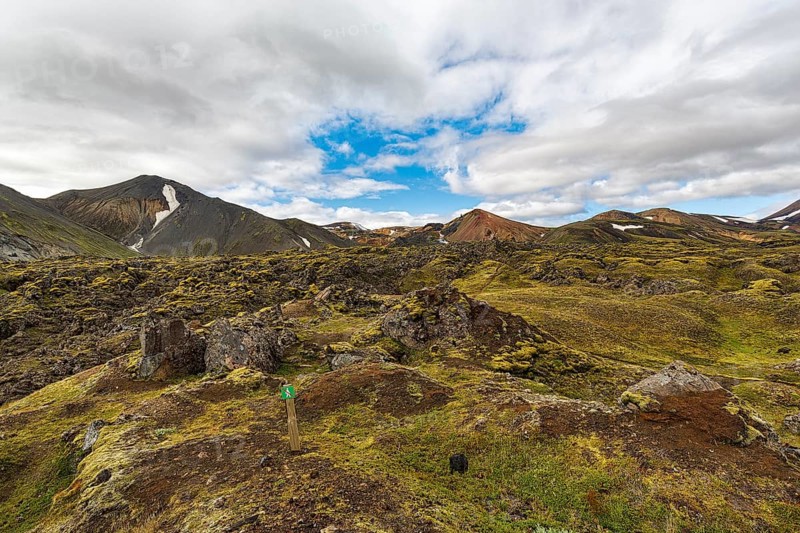 Volcanic landscape, moss-covered lava field, Landmannalaugar, remote hiking area in the Fjallabak nature reserve, Laugavegur hiking trail, Suðurland, Sudurland, Icelandic highlands, Iceland