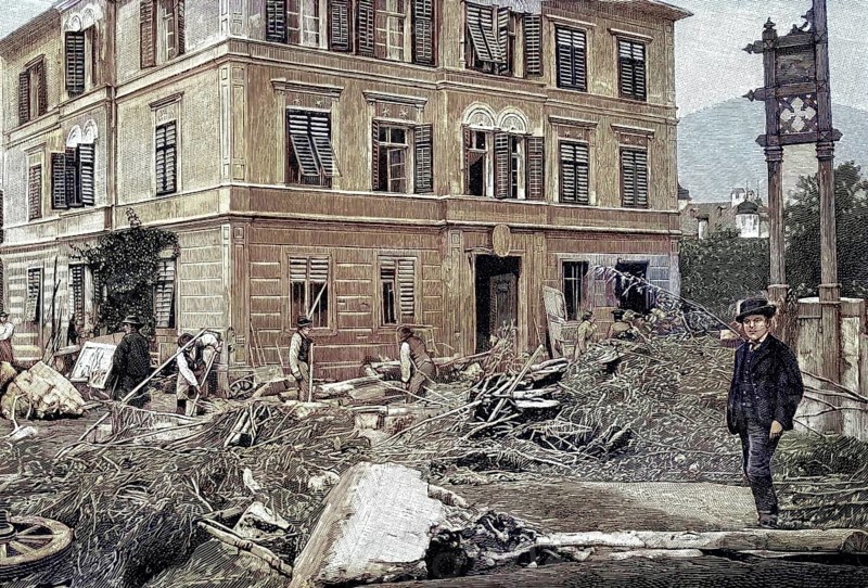 Brixlegg, a market town in the district of Kufstein in the Austrian province of Tyrol, Austria. The post office after the great flood of 1893 in Alpbachtal, historical picture or illustration from 1894, reproduction, digitally enhanced, Historical