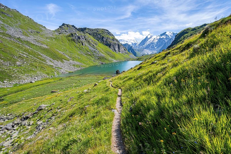 Hiking trail in a picturesque mountain landscape, view of the Lac du Louvie mountain lake and glaciated mountain peaks of the Grand Combine, Valais Alps, Val de Bagnes, Valais, Switzerland