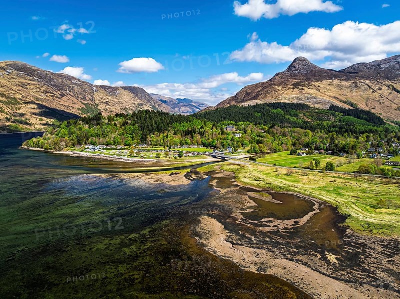 Loch Leven and Holiday Park from a drone, Glencoe, Highland, Scotland, United Kingdom