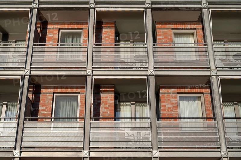 Apartment building with balconies, facade in detail, Waren, Müritz, Mecklenburg Lake District, Mecklenburg, Mecklenburg-Vorpommern, Germany