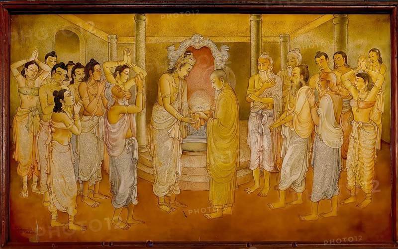 Temple of the sacred Tooth Relic or Sri Dalada Maligawa, Painted panel depicting the history of the Sacred Tooth Relic, New Shrine room or Alut Maligawa ceiling, Kandy, Sri Lanka