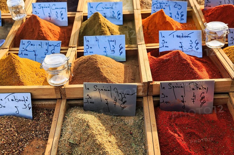Various spice blends at a market stall, Saintes-Maries-de-la-Mer, Camargue, France