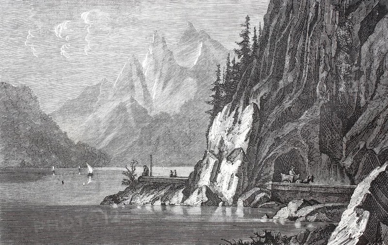 The rocky road along Lake Lake Traun from Gmunden to Ebensee, around 1870, Salzkammergut, Austria, Historical, digitally enhanced reproduction of a 19th century model