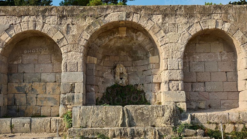 Three vaulted niches in an old stone wall in a historical site, retaining wall with niche, relief of the shepherd god Pan, Asklipion, Asklepieion, healing temple, temple, Hippocrates, Kos, Dodecanese, Greek Islands, Greece