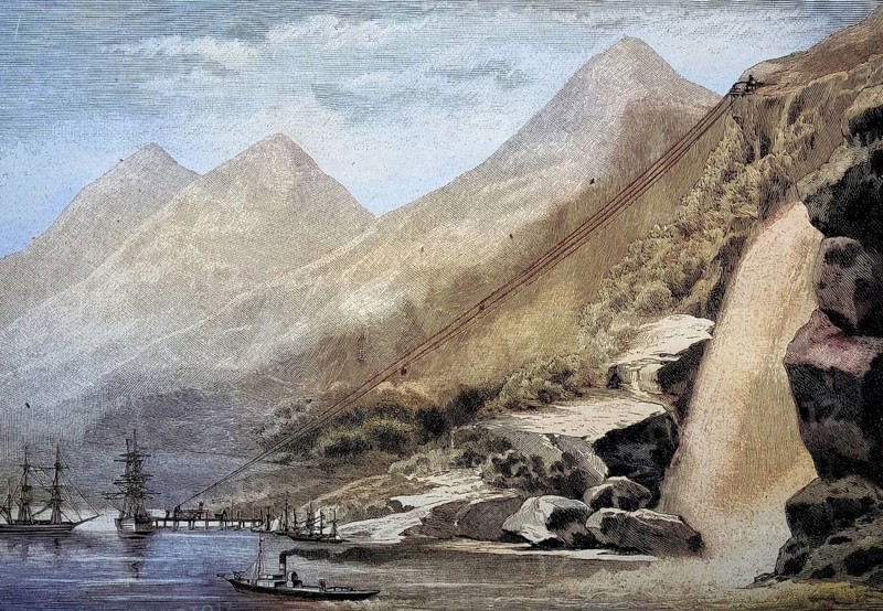 The track for the transport of iron through Alesund in Norway, illustration, published 1890, reproduction, digitally enhanced, Historical