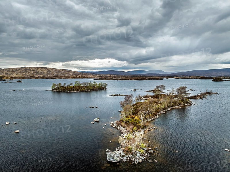 Rannoch Moor from a drone over Loch Ba and Loch of the Armpit, A82 Highland Way, Argyll and Bute, West Highlands, Scotland, United Kingdom