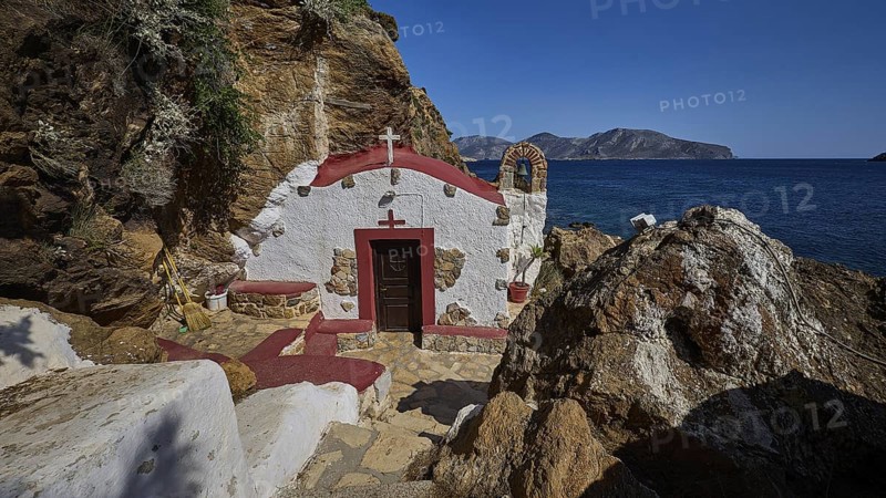 Legend, crab, shell fisherman, Mediterranean chapel with red roof on the rocky coast overlooking the sea, peaceful atmosphere, chapel, little church, Agia Kavouradena monastery, Xirokambos, Leros, Dodecanese, Greek Islands, Greece