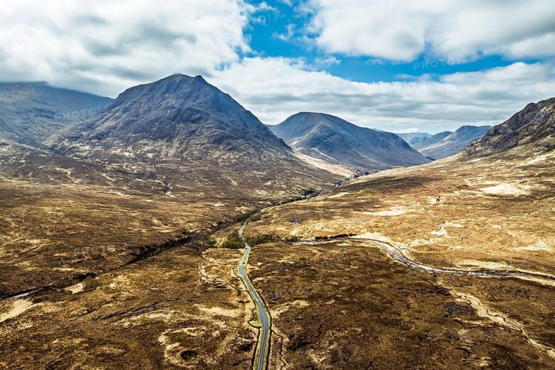 Mountains and Moors over Glen Etive Valley from a drone, Buachaille Etive Mòr, The Buachaille, Highlands, Scotland, United Kingdom