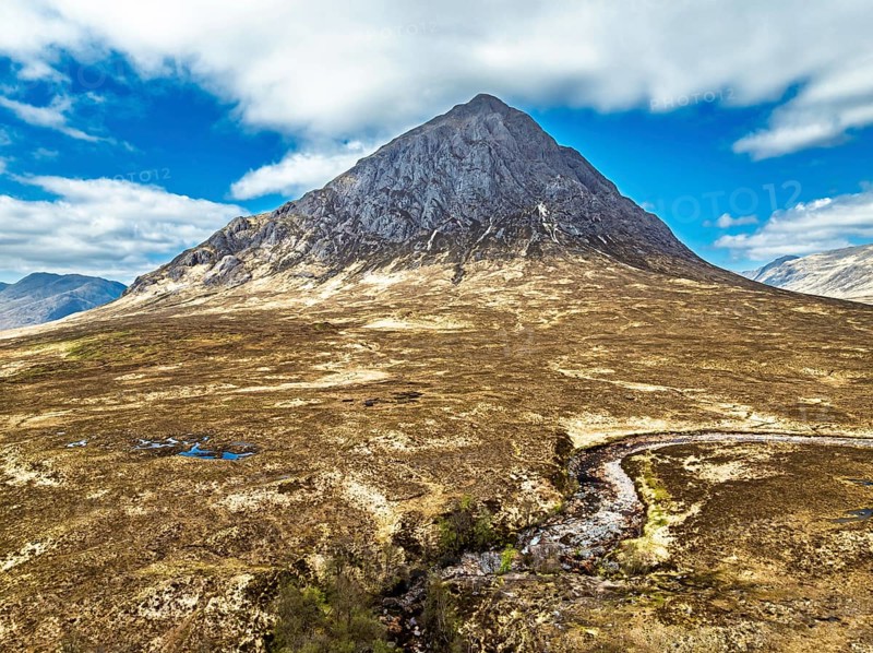 The Buachaille Mountain and Moors over Glen Etive Valley from a drone, Buachaille Etive Mòr, The Buachaille, Highlands, Scotland, United Kingdom