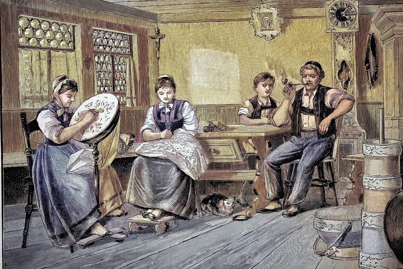 Family on a Sunday afternoon in a living room on a farm in the Appenzell area, a region in Switzerland, Illustration from 1894, Reproduction, digitally enhanced, Historical