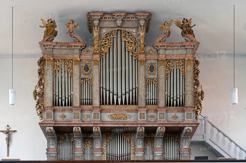 Prospectus of the 1710 organ of the parish church of St John, built in 1717-19, Biberacher Str. 6, Ummendorf, district of Biberach, Baden-Württemberg, Germany