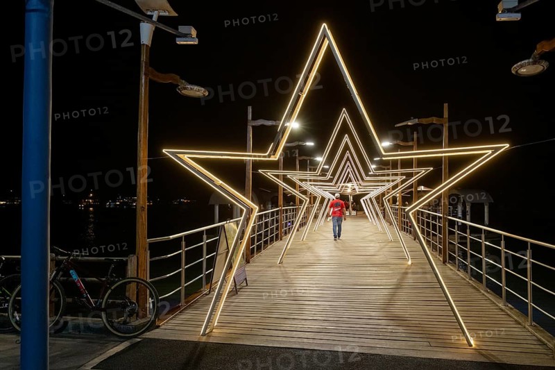 Harbour lighting, jetty, Christmas decoration, Santa Cruz, Galapagos, Ecuador