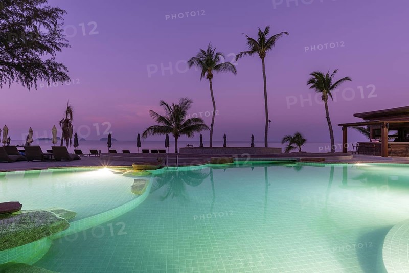 Illuminated swimming pool on the island of Koh Chang, Andaman Sea, Southern Thailand, Thailand