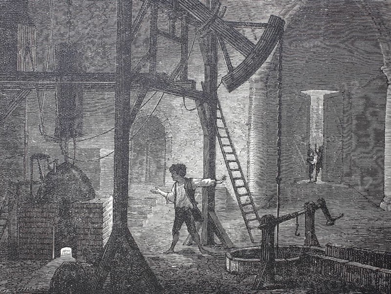 Humphrey Potter, the alleged inventor of the automatic control of a steam engine, 1712, digitally enhanced reproduction of a 19th century model, historical