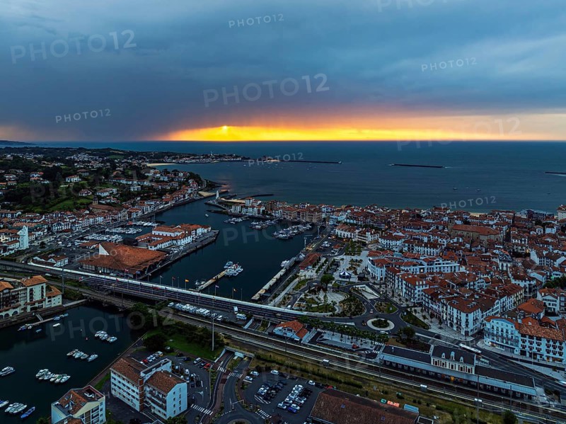 Panorama of Sunset over Saint-Jean-de-Luz from a drone, Nouvelle-Aquitaine, Pyrenees-Atlantiques, France