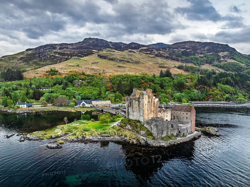 Eilean Donan Castle and Loch Duich from a drone, Isle of Skye, Highlands, Scotland, England, United Kingdom