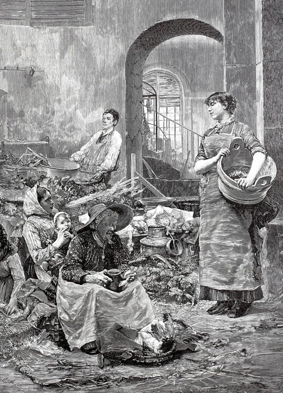Poor vegetable market in a small town in France around 1880, Poverty, Historical, digitally restored reproduction from a 19th century original, Record date not stated