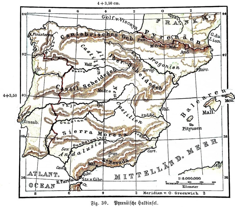 Pyrenean Peninsula, historical geographical map, topography, Madrid, Lisbon, Ebro, Tagus, Pyrenees, Cantabrian Mountains, Sierra Nevada, Balearic Islands, Mediterranean Sea, latitude and longitude, zero meridian, scale, distance in kilometres, Seydlitz Geography 1885