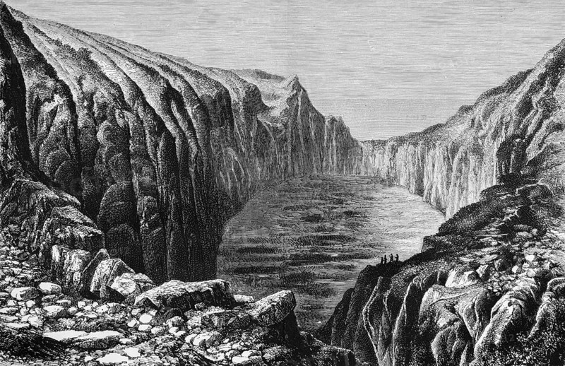 Caldera of the Rano Raraku volcano in the Pacific Ocean, UNESCO World Heritage, geology, geological history, people, Easter Island, Chile, Polynesia, historical illustration 1888