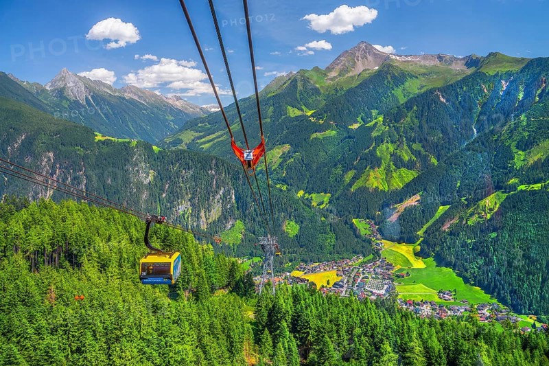 Penkenbahn with view of the village, Mayrhofen, Zillertal, Zillertal Alps, Tyrol, Austria