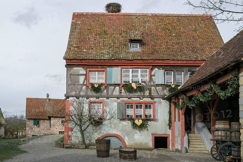 Half-timbered house with colourful paintwork, wooden shutters and rustic charm, surrounded by rural idyll, Ecomusée d'Alsace, largest open-air museum in France, Ungersheim, Alsace, France