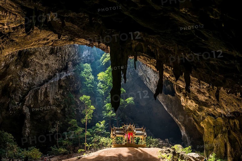 Temple in a stalactite cave, Phraya Nakhon Cave, Khao Sam Roi Yot National Park, Hua Hin, Prachuap Khiri Khan, Thailand