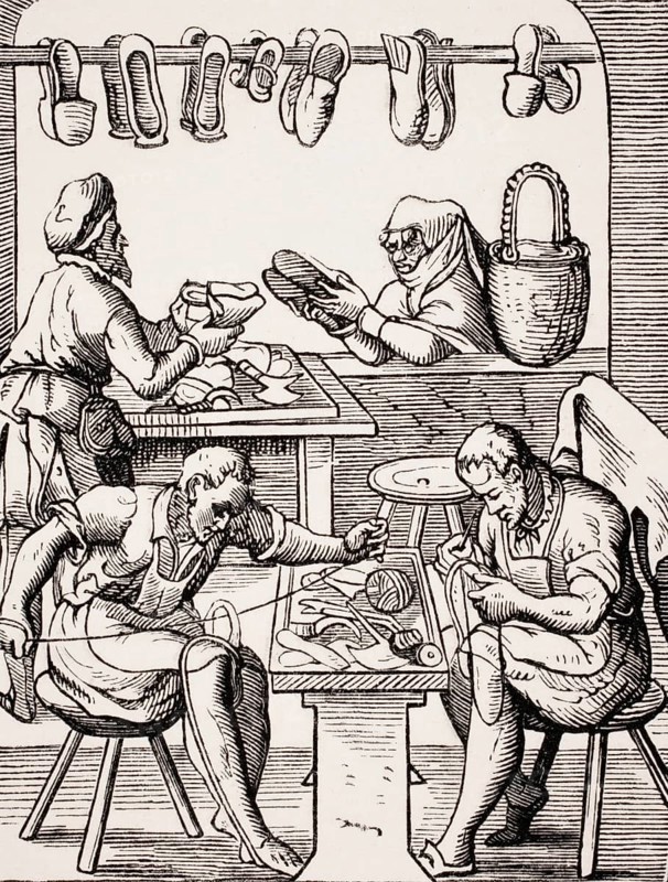 Shoemaker. Reproduction of a woodcut from the 16th century by Jost Amman from the 19th century, digital reproduction of a historical model