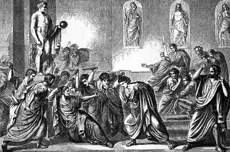 The assassination of Julius Caesar by a conspiracy of about 60 Roman senators, the so-called Liberators, on the Ides of March (15 March) 44 BC, digital reproduction of a historical model