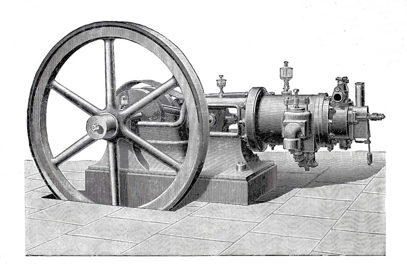 Horizontal petrol engine, designed by J.M. Grob & Co. from Leipzig, around 1886, historical, digitally enhanced reproduction of a 19th century model
