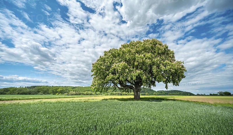 Large flowering solitary horse chestnut tree surrounded by green fields under a blue sky with white clouds in spring, Pattensen, Lower Saxony, Germany