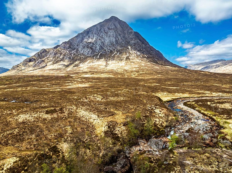 The Buachaille Mountain and Moors over Glen Etive Valley from a drone, Buachaille Etive Mòr, The Buachaille, Highlands, Scotland, United Kingdom