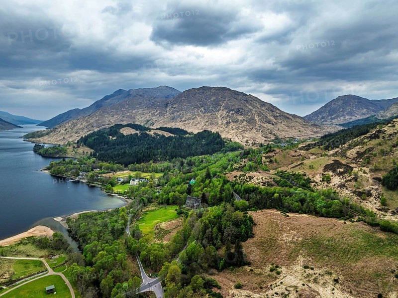 Loch Shiel from a drone, Glenfinnan, River Finnan, West Highland, Scotland, United Kingdom