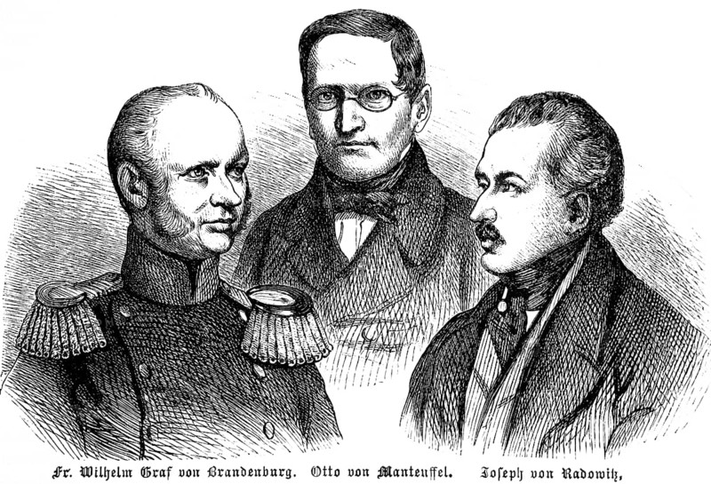 King Friedrich Wilhelm IV, Brandenburg-Manteuffel Ministry, Prussian Prime Minister Wilhelm Graf von Brandenburg, Otto von Manteuffel, Joseph von Radowitz, portrait, Prussia, historical illustration 1896