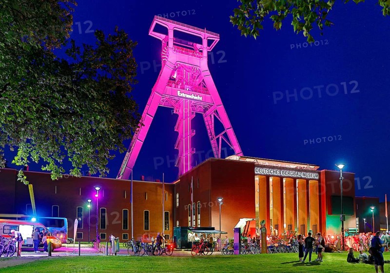 People in front of the German Mining Museum for the Extra Shift at night, Bochum, Ruhr Area, North Rhine-Westphalia, Germany