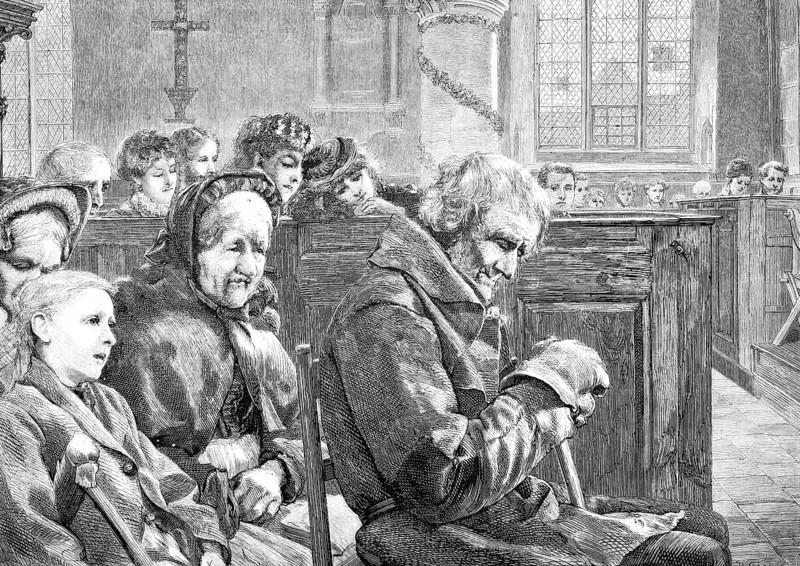 Old people in the church, engrossed in prayer, sitting in the pews, Historical, Reproduction from a model with a scene from the 19th century